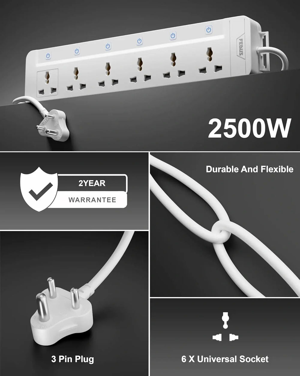 FEDUS Surge Protector, 6 Universal Sockets with Individual Switch, Long Cable, Extension Board Cord, Automatic Overload Protection, Fireproof Power Strip Switch Board, Spike Guard FEDUS