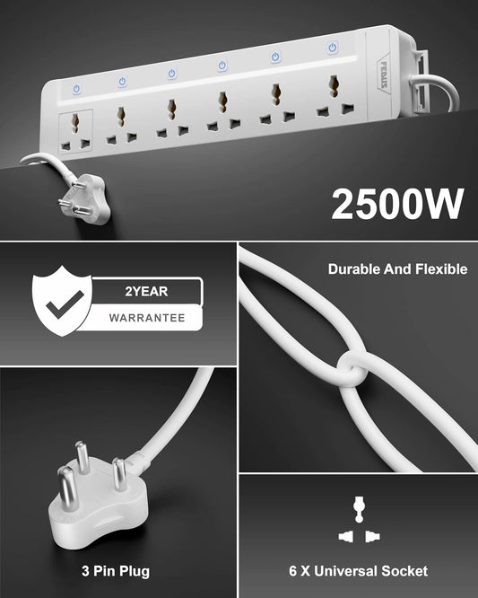 FEDUS Surge Protector, 6 Universal Sockets with Individual Switch, Long Cable, Extension Board Cord, Automatic Overload Protection, Fireproof Power Strip Switch Board, Spike Guard