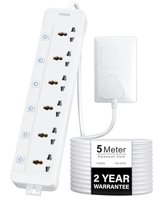 FEDUS Surge Protector, 6 Universal Sockets with Individual Switch, Long Cable, Extension Board Cord, Automatic Overload Protection, Fireproof Power Strip Switch Board, Spike Guard