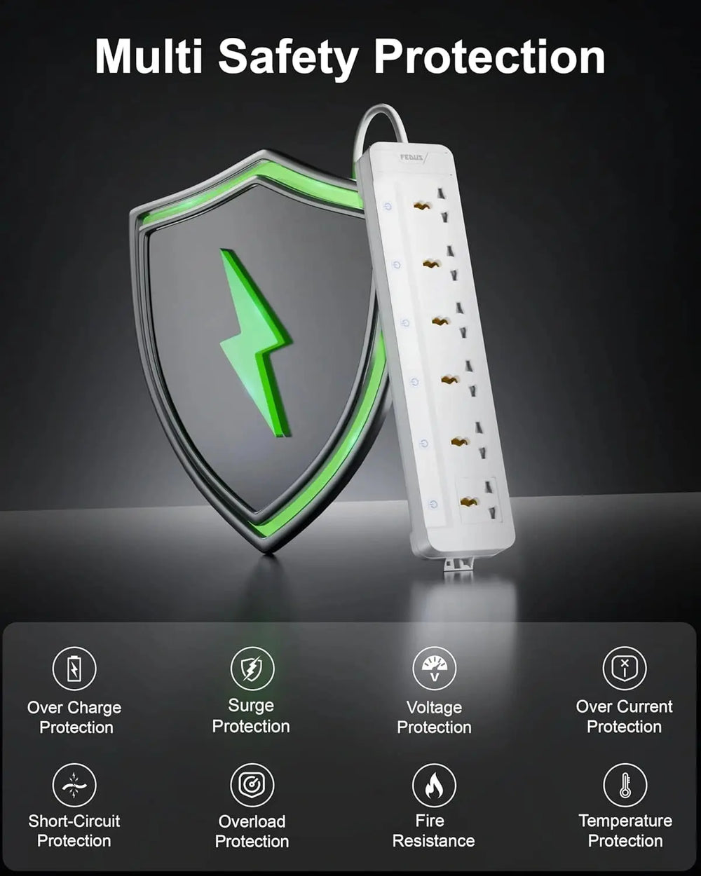 FEDUS Surge Protector, 6 Universal Sockets with Individual Switch, Long Cable, Extension Board Cord, Automatic Overload Protection, Fireproof Power Strip Switch Board, Spike Guard FEDUS