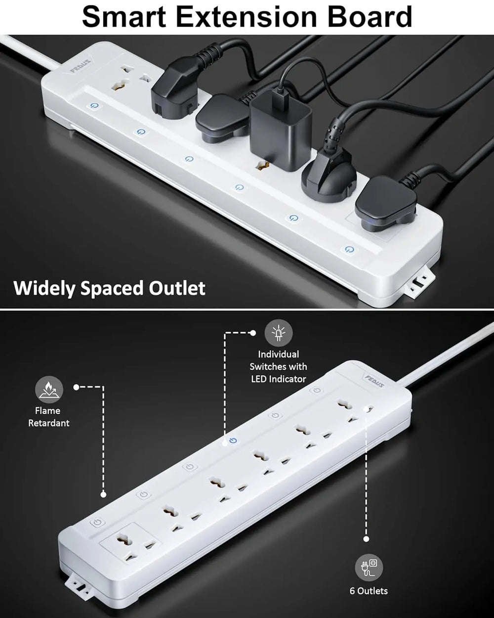 FEDUS Surge Protector, 6 Universal Sockets with Individual Switch, Long Cable, Extension Board Cord, Automatic Overload Protection, Fireproof Power Strip Switch Board, Spike Guard FEDUS