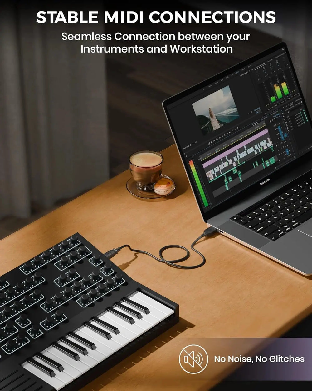 Keyboard and laptop setup with stable MIDI connections with fedus usb cable on a desk.