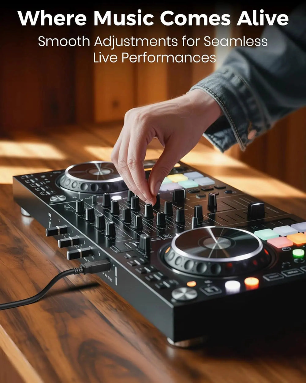 Person adjusting a DJ controller with text 'Where Music Comes Alive' on a wooden surface, fedus usb to usb cable