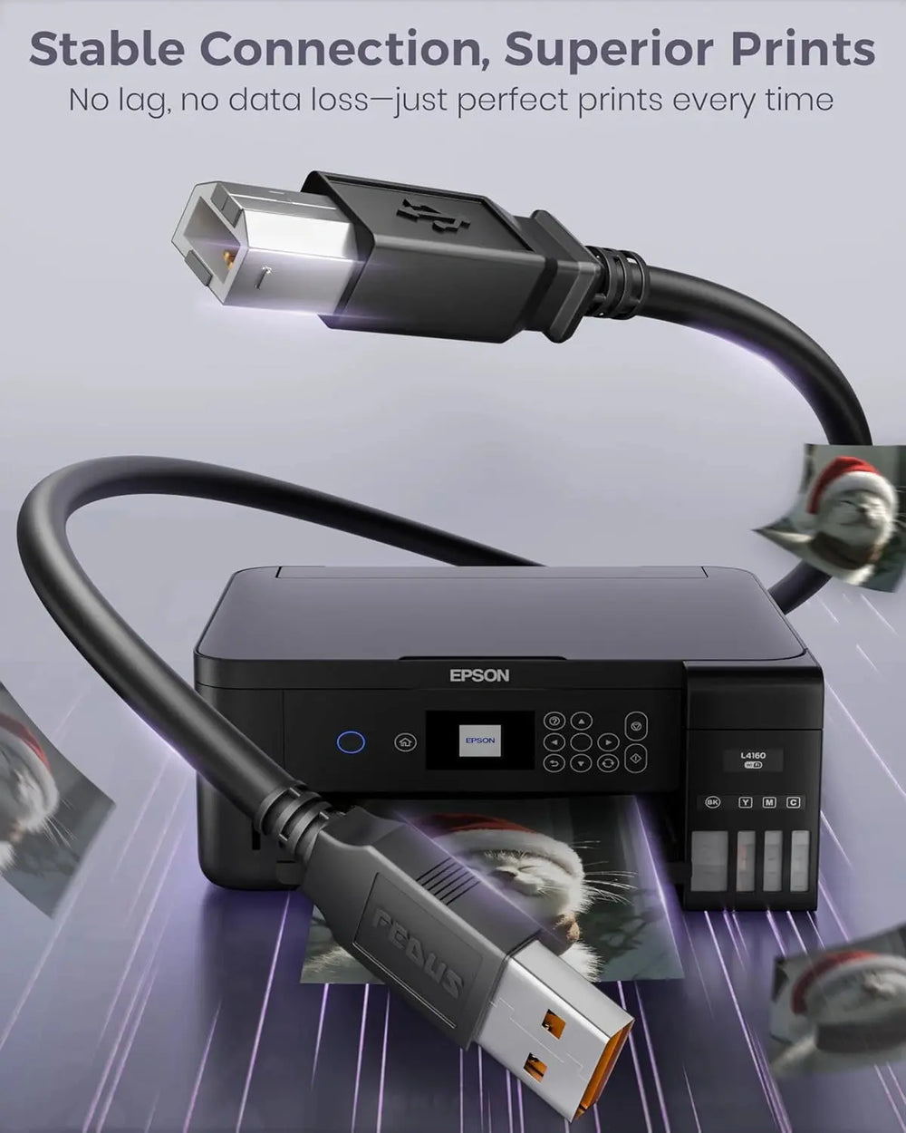 Epson printer with fedus USB cable on a gray background