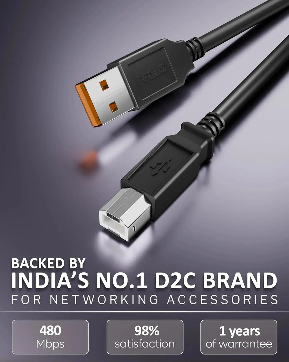 USB cable with connectors on a gradient background, featuring branding and specifications.