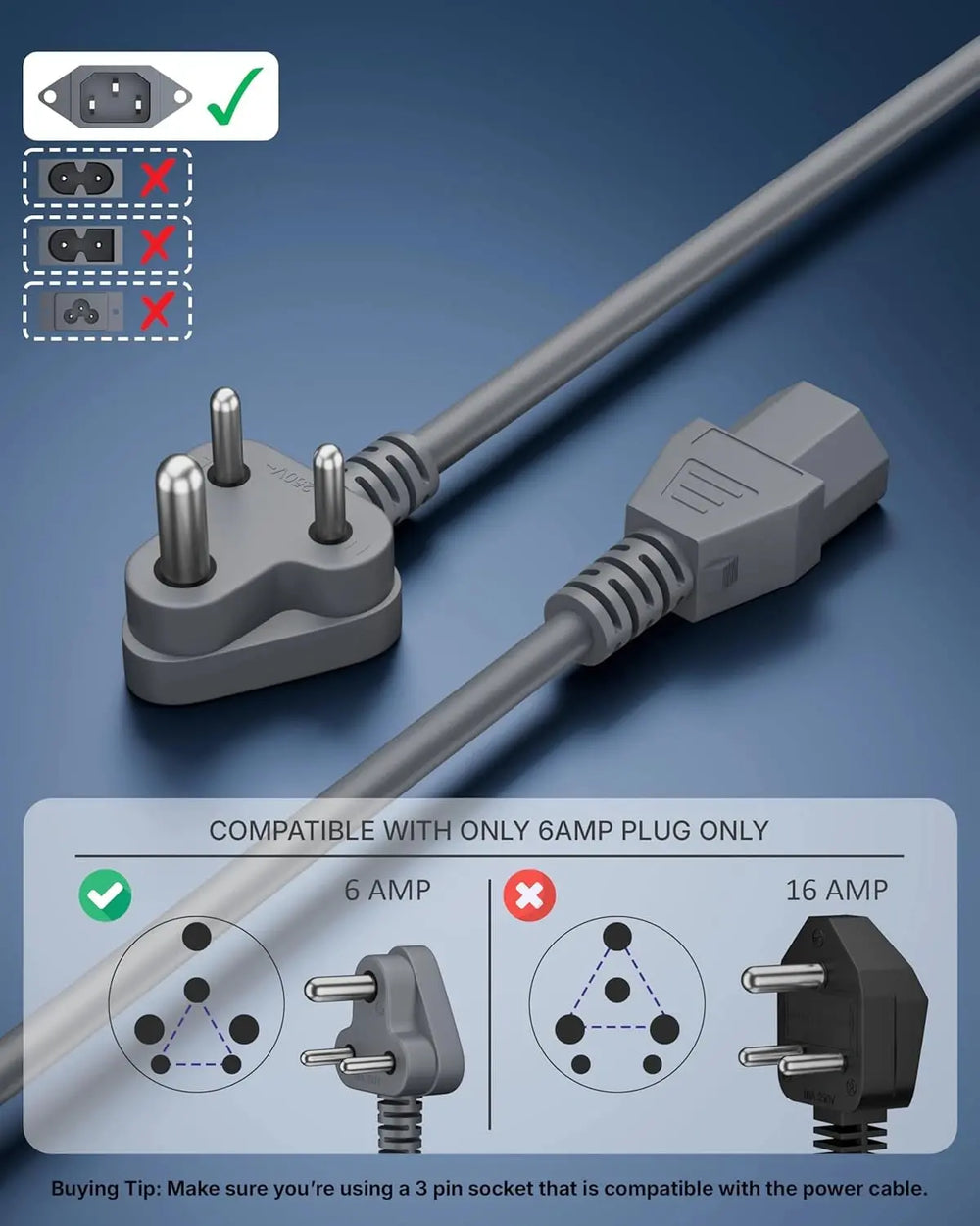 FEDUS TPR (Thermoplastic Rubber) Desktop PC Computer Power Cord, 2500 Watt IEC C13 Cable for Gaming pC, 3 Pin Ac Wire Lead for SMPS Power Supply, Monitor, Printer, Electric Kettle, TV, Grey FEDUS