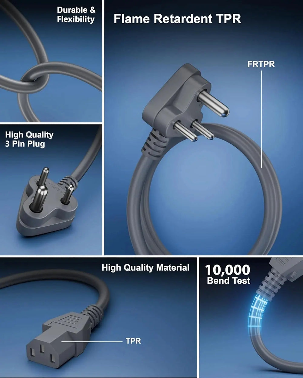 FEDUS TPR (Thermoplastic Rubber) Desktop PC Computer Power Cord, 2500 Watt IEC C13 Cable for Gaming pC, 3 Pin Ac Wire Lead for SMPS Power Supply, Monitor, Printer, Electric Kettle, TV, Grey FEDUS