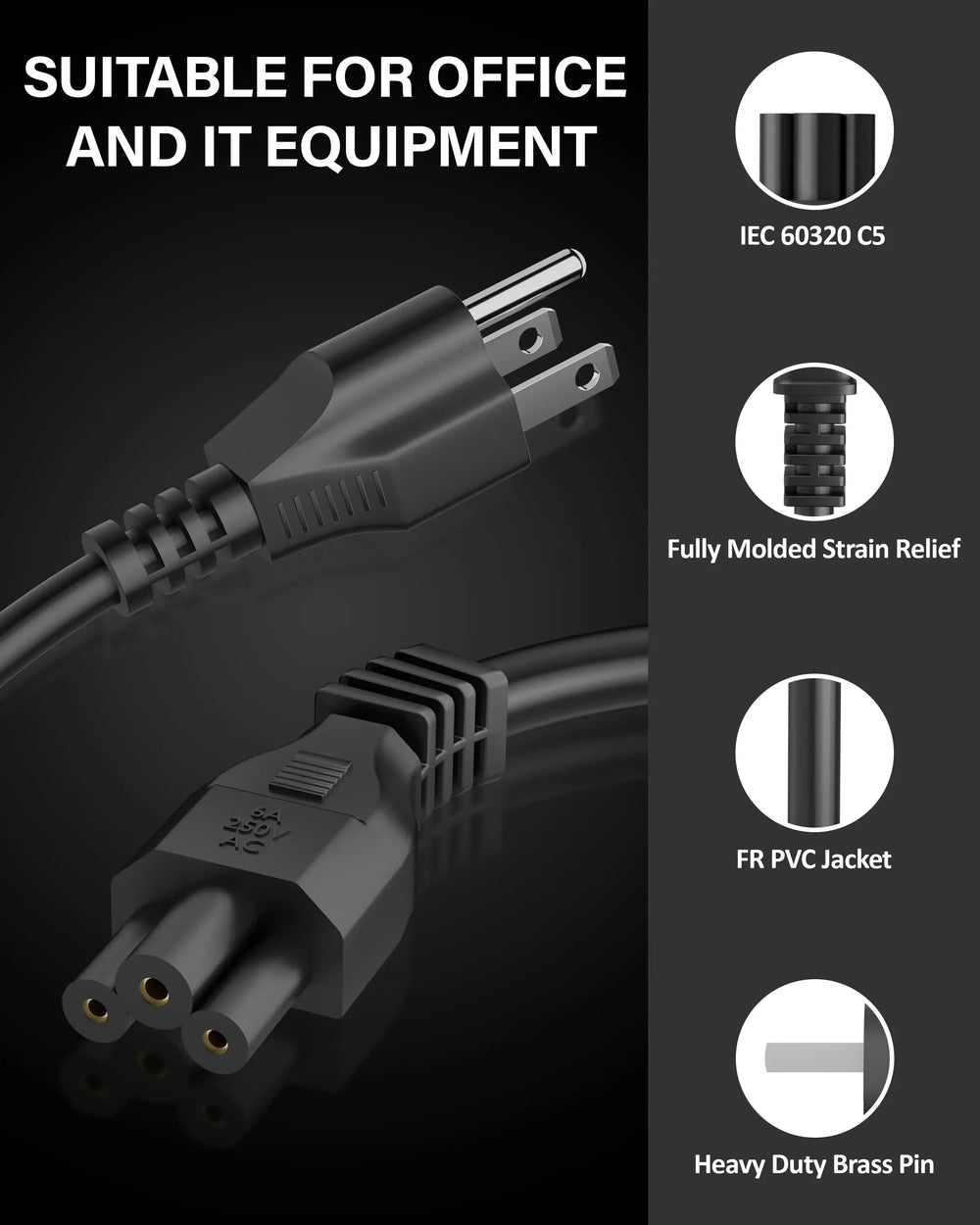 FEDUS Type B USA/Canada/Japan/America Universal Laptop, Monitor Power Cord, type B to C5 Power Cable for Monitor, PC, Laptop, Printer, Scanner, 10Amps 18 AWG GA NEMA 5-15P to IEC5 1.8M Cheeku Technologies