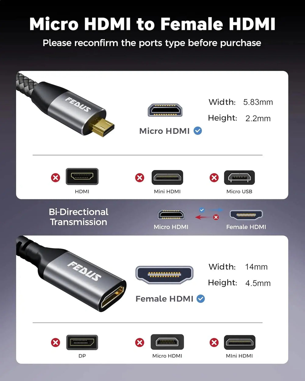 FEDUS UltraStream 4K Micro HDMI to HDMI Cable Adapter 60Hz 18Gbps 1.5 Meter High-Speed Cord for Raspberry Pi 5/4, GoPro Hero 11/10/7, Sony A6400 Camera, DSLR, Tablet, Projector, Samsung G8, G9, Cam Link FEDUS