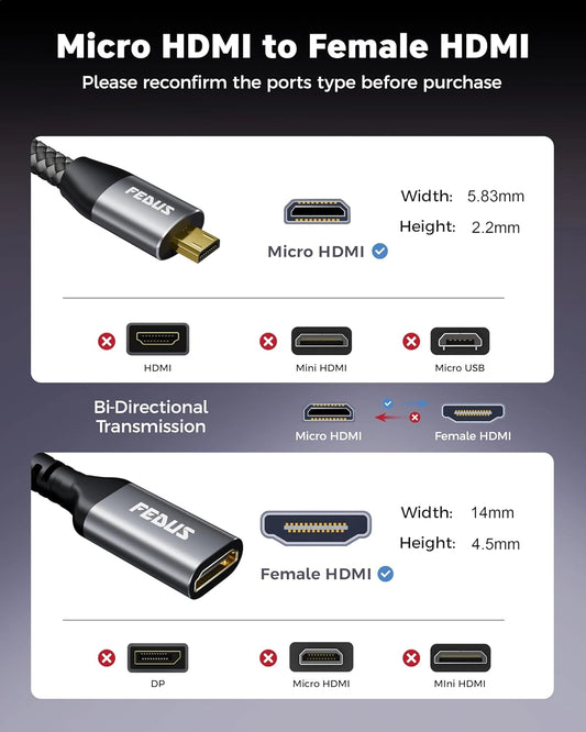 FEDUS UltraStream 4K Micro HDMI to HDMI Cable Adapter 60Hz 18Gbps 1.5 Meter High-Speed Cord for Raspberry Pi 5/4, GoPro Hero 11/10/7, Sony A6400 Camera, DSLR, Tablet, Projector, Samsung G8, G9, Cam Link