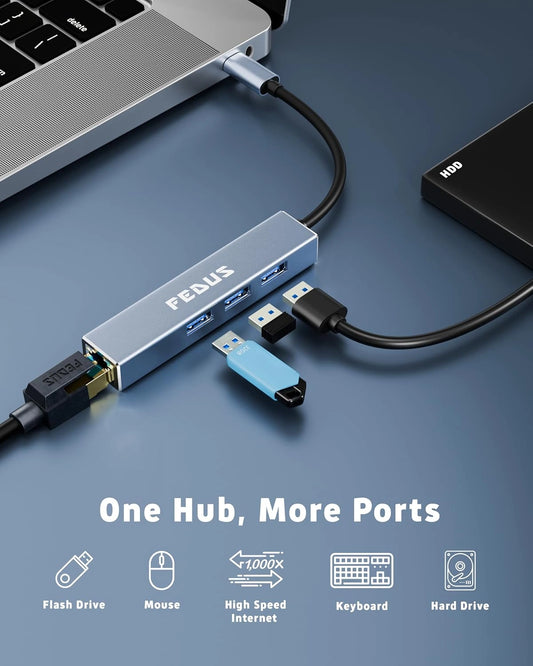 FEDUS USB C to Ethernet Adapter, 3-Port USB 3.0 Hub with RJ45, Gigabit ethernet LAN to USB Type c Converter, LAN to USB Connector, Network Adapter for Phone, MacBook Pro/Air, iPad Pro, XPS, Surface