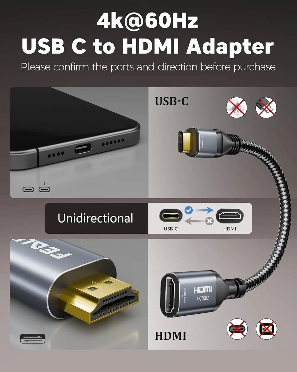 FEDUS USB C to HDMI Adapter 4K@60Hz Type-C to HDMI Female Converter Cable, Portable C Port HDMI Adapter Connector Hub for TV, Monitor and MacBook Pro/Air, Ipad, Surface, Samsung Galaxy Note, XPS FEDUS
