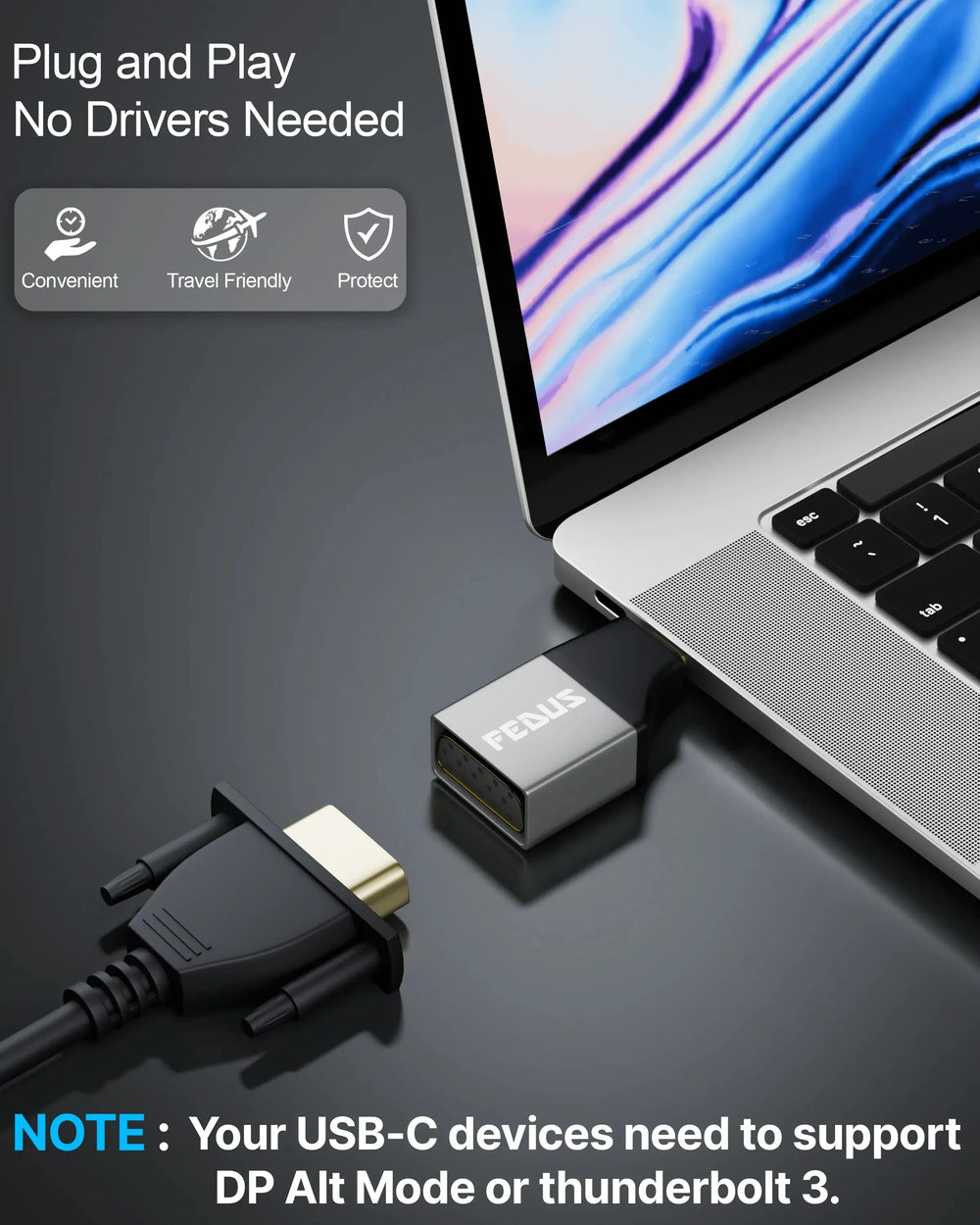 FEDUS USB C to VGA Adapter 1080P@60Hz Type C Male to VGA Female Adapter Converter FEDUS