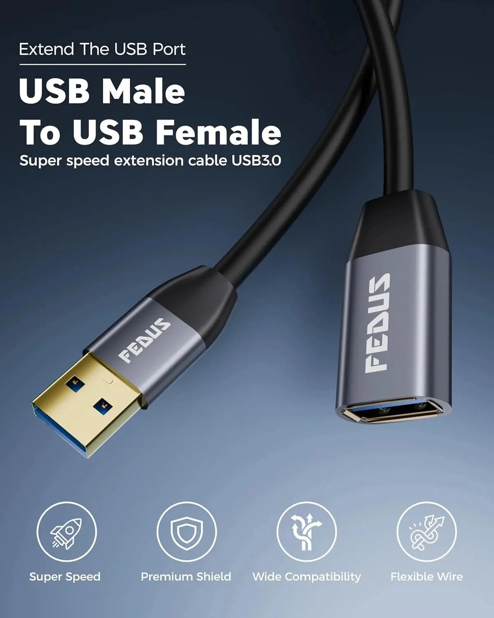 FEDUS USB Extension Cable 3.0 Long usb Male to Female Extender cable for 5Gbps High Data Transfer, TV, PC, Laptop, Camera, Keyboard, Mouse, USB Flash Drive, Hard Drive, Printer, Game controller FEDUS
