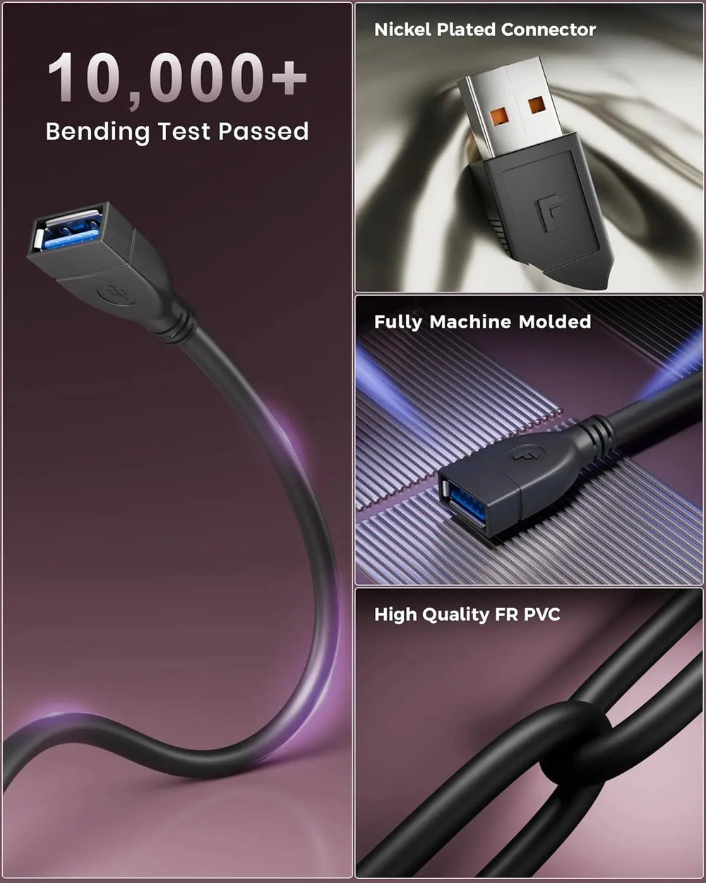 USB cable with features highlighted on a dark background