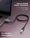 USB 2.0 cable connected to a laptop on a purple background with text highlighting USB 2.0 speed.