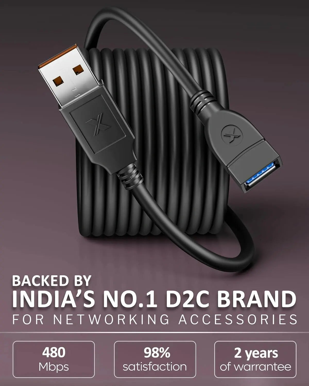 Black USB cable with connectors on a gradient background, featuring branding text.