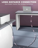 Laptop connected to a device with a cable on a desk, emphasizing long-distance connection stability.