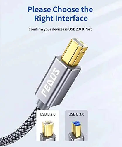 FEDUS USB Printer Cable, Nylon Braided Gold Plated USB A to Male To USB B 2.0 Cable Cord Compatible with Printers, Scanner For Brother, Dell, HP, Epson, Canon, Lexmark, Xerox, Samsung, Epson FEDUS