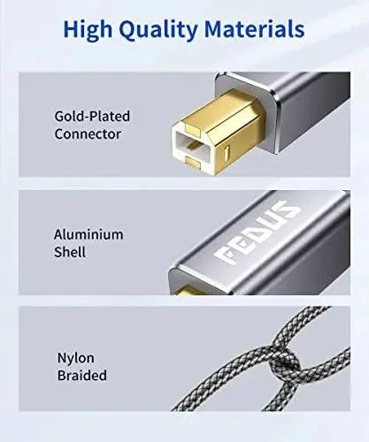 FEDUS USB Printer Cable, Nylon Braided Gold Plated USB A to Male To USB B 2.0 Cable Cord Compatible with Printers, Scanner For Brother, Dell, HP, Epson, Canon, Lexmark, Xerox, Samsung, Epson FEDUS