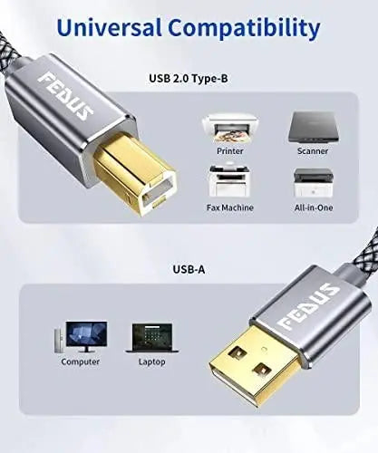 FEDUS USB Printer Cable, Nylon Braided Gold Plated USB A to Male To USB B 2.0 Cable Cord Compatible with Printers, Scanner For Brother, Dell, HP, Epson, Canon, Lexmark, Xerox, Samsung, Epson FEDUS