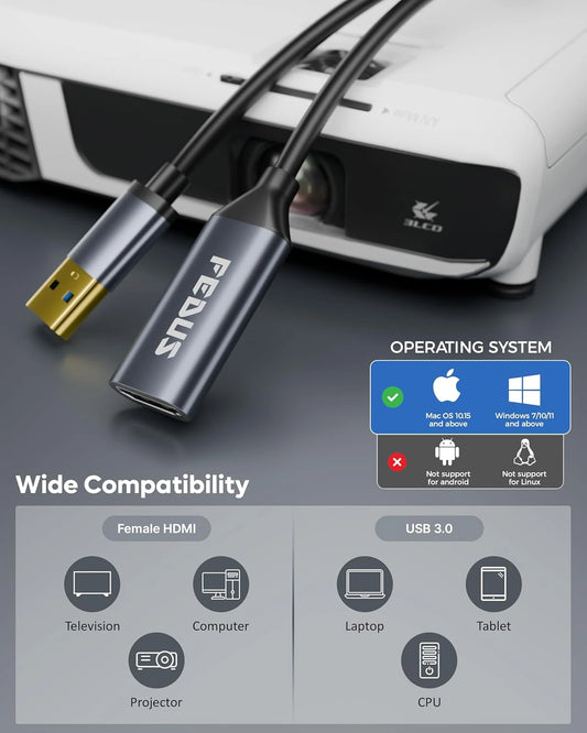 FEDUS USB to HDMI Adapter 1080P@60Hz(MacBook Air/Pro & Windows PC only) Converter, Support Mirror Expansion Mode, HDMI Adapter Compatible Laptop, Monitor, Projectors Windows 7, 8, 10, 11, MacOS 10.15+