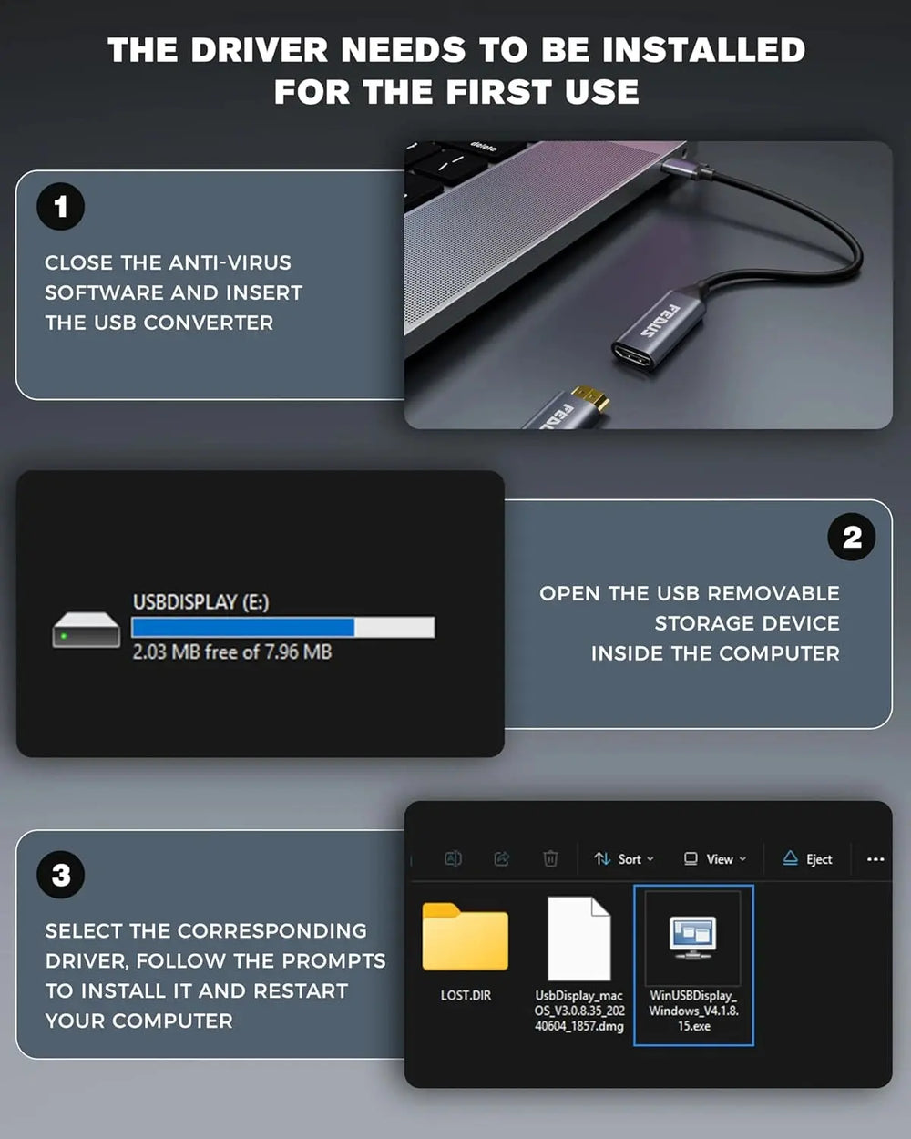 FEDUS USB to HDMI Adapter 1080P@60Hz(MacBook Air/Pro & Windows PC only) Converter, Support Mirror Expansion Mode, HDMI Adapter Compatible Laptop, Monitor, Projectors Windows 7, 8, 10, 11, MacOS 10.15+ FEDUS