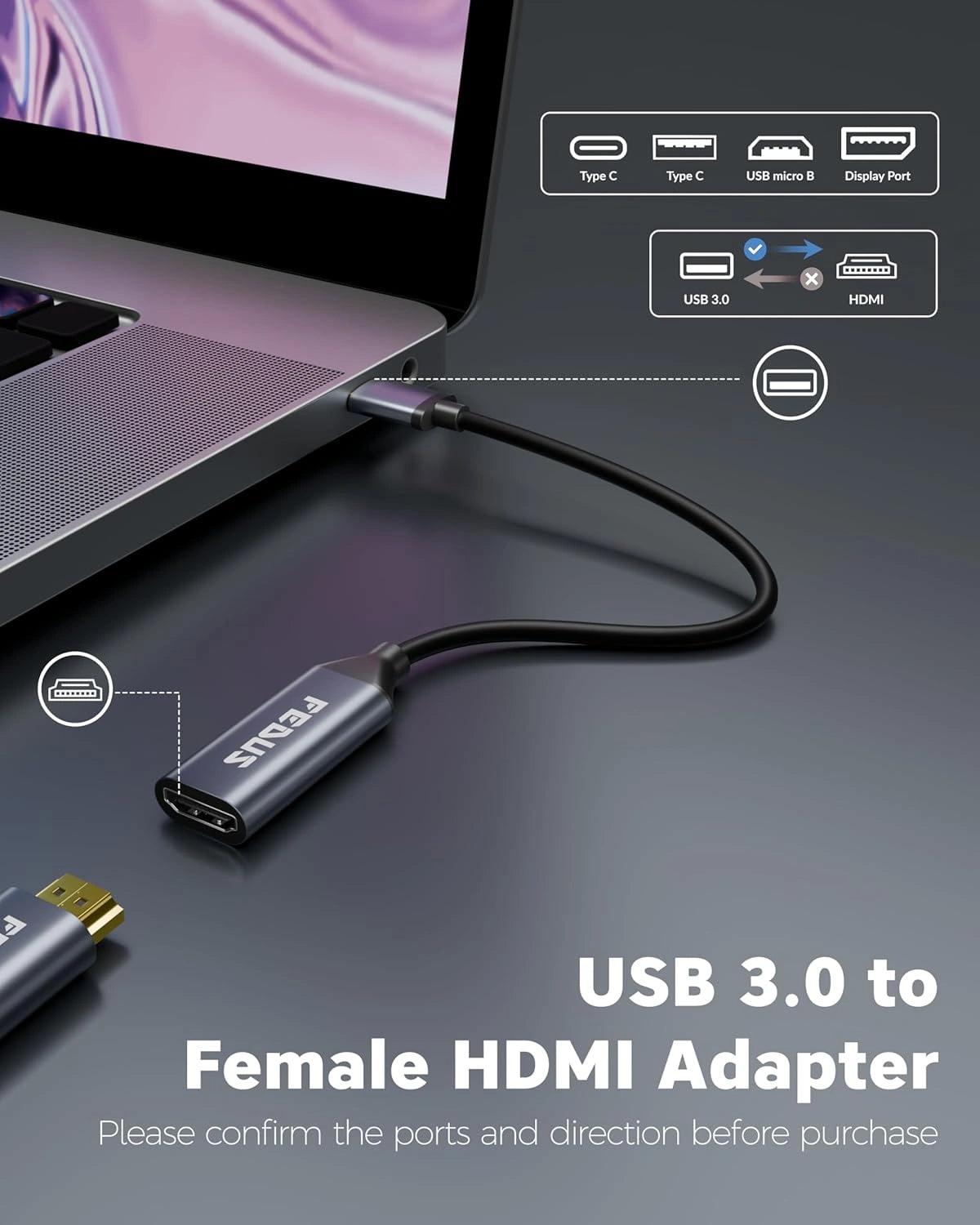 FEDUS USB to HDMI Adapter 1080P@60Hz(MacBook Air/Pro Windows PC only) Converter, Support Mirror Expansion Mode, HDMI Adapter Compatible Laptop,