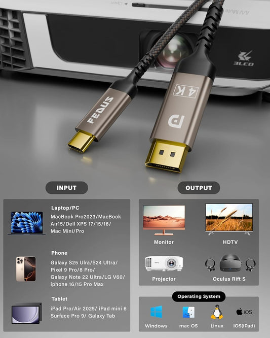 FEDUS USB Type-C to DisplayPort DP 1.2 Cable 4.9FT, Unidirectional 21.6Gbps 4K@60Hz, 2K@144Hz, Thunderbolt 3/4 to DP Cord Compatible with iPad, MacBook Pro/Air, Surface, iMac, Galaxy, XPS, iPhone 16/15