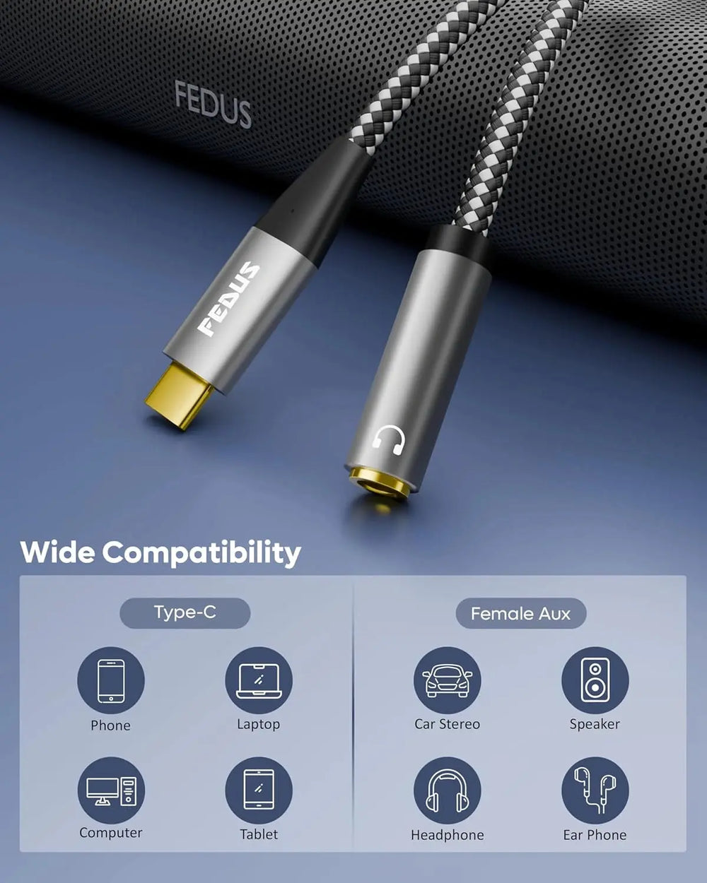 FEDUS USB Type C to 3.5mm Female Headphone Jack Adapter, 3.5 mm jack to Type C connector, Aux to Type C Audio Dongle Cable Cord for iPhone 16/15, Galaxy S24/S23 Ultra, iPad Pro, Headphone, Speaker, Car FEDUS