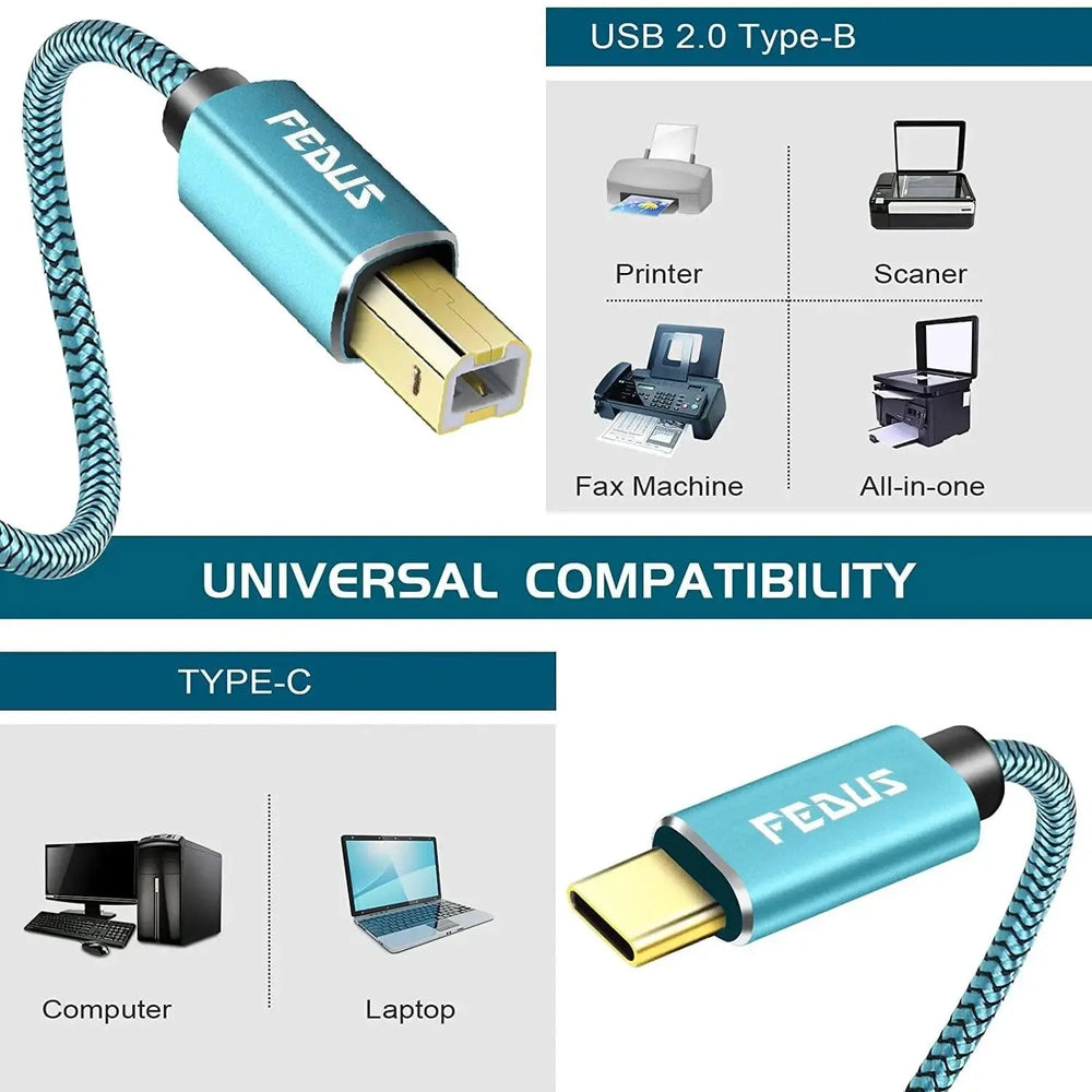 FEDUS USB Type-C to Printer Cable, Gold Plated Nylon Braided USB Type-C to USB B Male Scanner Cord Compatible with DIMI, Google Chromebook Pixel, MacBook Pro, HP, Canon Printers FEDUS