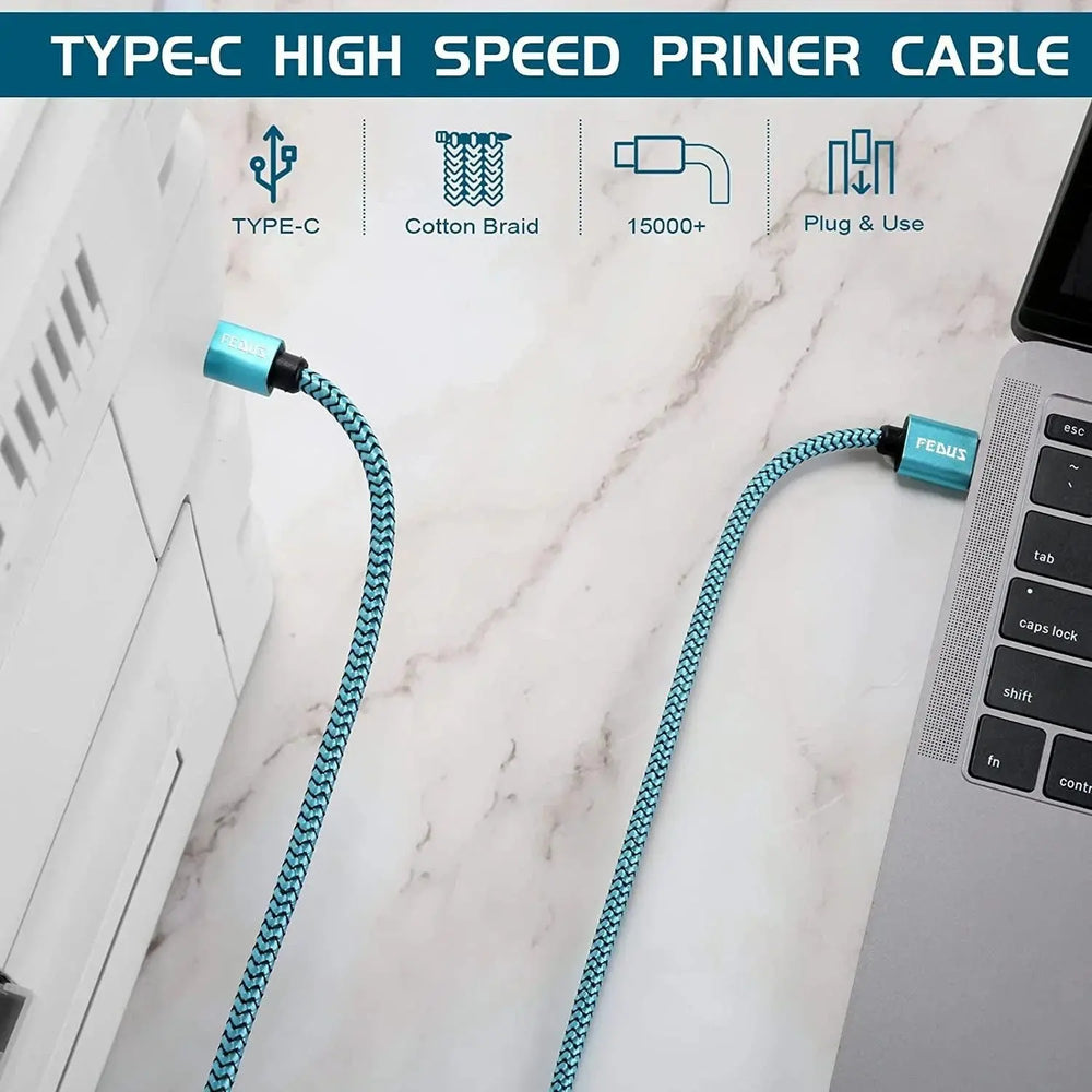 FEDUS USB Type-C to Printer Cable, Gold Plated Nylon Braided USB Type-C to USB B Male Scanner Cord Compatible with DIMI, Google Chromebook Pixel, MacBook Pro, HP, Canon Printers FEDUS
