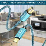 FEDUS USB Type-C to Printer Cable, Gold Plated Nylon Braided USB Type-C to USB B Male Scanner Cord Compatible with DIMI, Google Chromebook Pixel, MacBook Pro, HP, Canon Printers