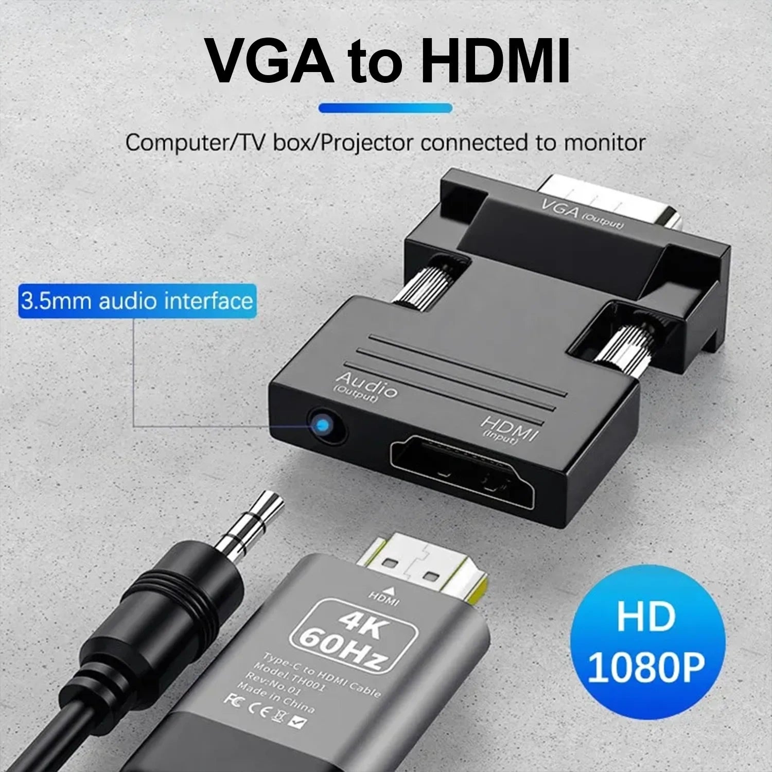 FEDUS VGA to HDMI Converter Cable, VGA to HDMI Adapter with Audio, 1080P Video Dongle VGA Converter with PC
