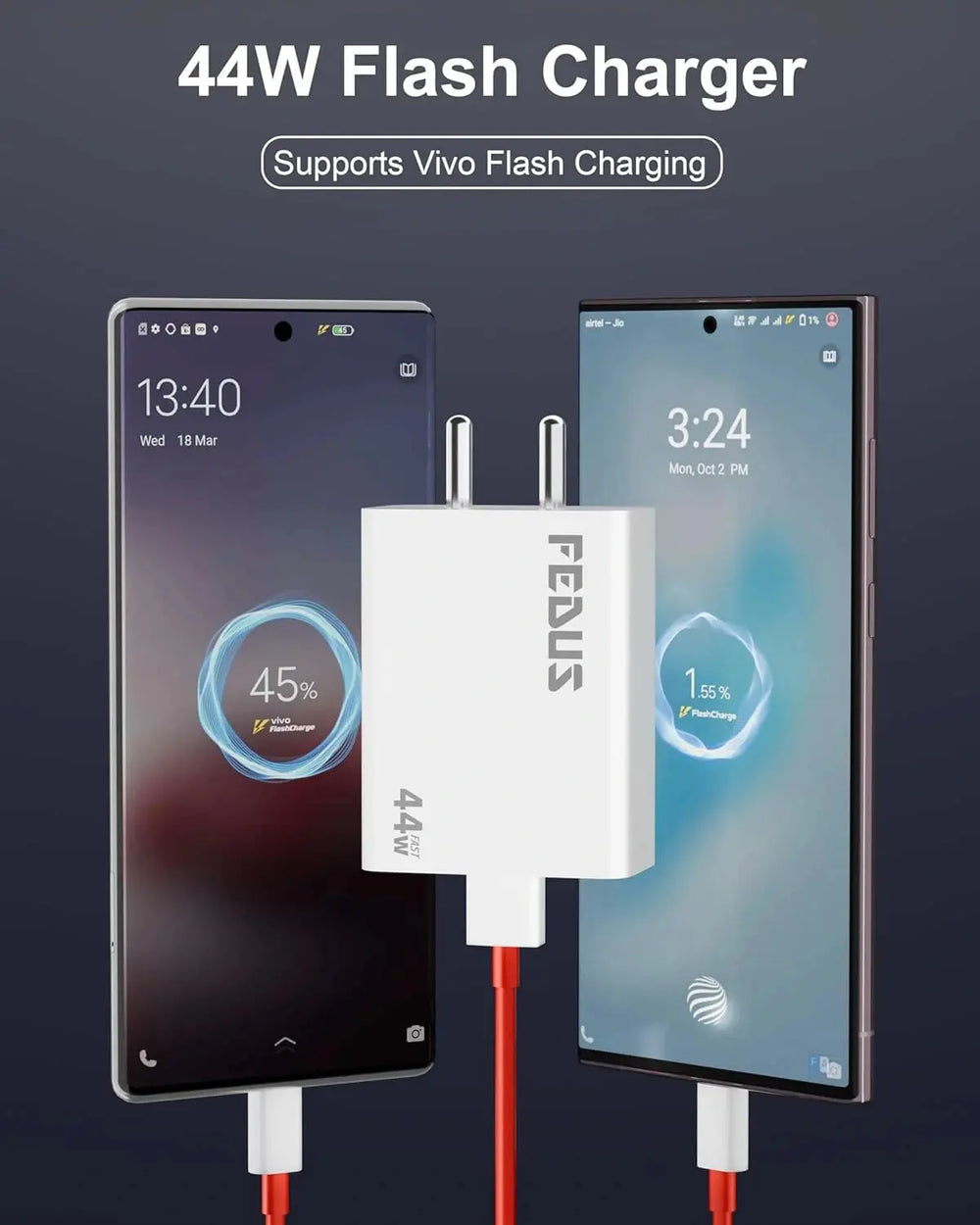FEDUS Vivo 44W C-Type Flash Fast Charger Adapter for Vivo V40, V40 Pro, V40e, Y300 5G, Y28E, Y28S, T3 Lite, Y58, Y200 Pro, V30E, Y18I, Y18, Y18E, V30, V30 Pro, V29, Iqoo Z9X, T2 Pro, Iqoo 9, Neo 7 Pro Series USB-C Charge Adaptor 44 Watt Cheeku Technologies