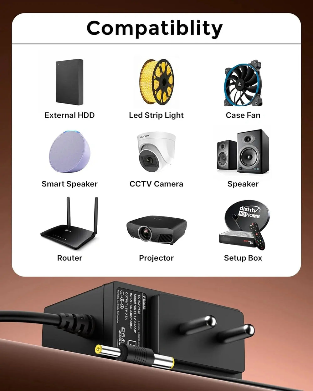 FEDUS VOLTURA 5V 500mAH DC Power Adapter (2 Meter Long Wire) | 5 Volt 500mAH AC to DC Charger for Set Top Box, CCTV, Router, LED Strip | Dual Connector (5.5mm & 4.0mm Pin) Surge Protection & ABS Body FEDUS