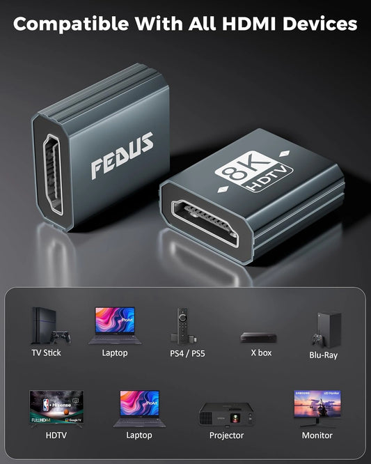 HDMI adapter with FEDUS branding and 8K HDTV label, shown compatible with various devices on a dark background.