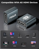 HDMI adapter with FEDUS branding and 8K HDTV label, shown compatible with various devices on a dark background.