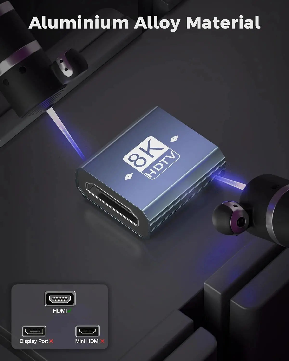 HDMI adapter with 8K resolution label on a dark surface