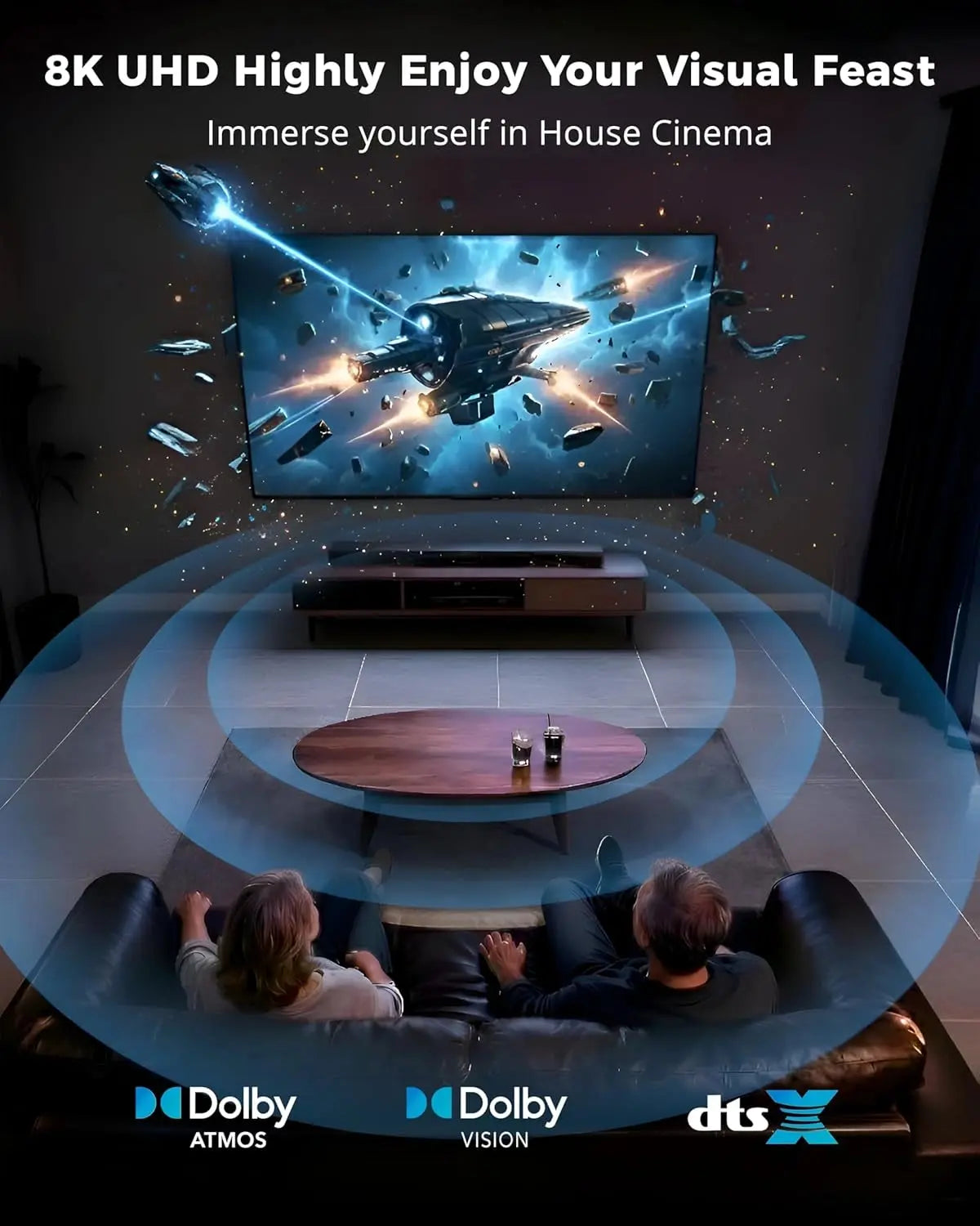 Living room setup with a large TV displaying a space-themed movie, featuring Dolby and DTS logos.