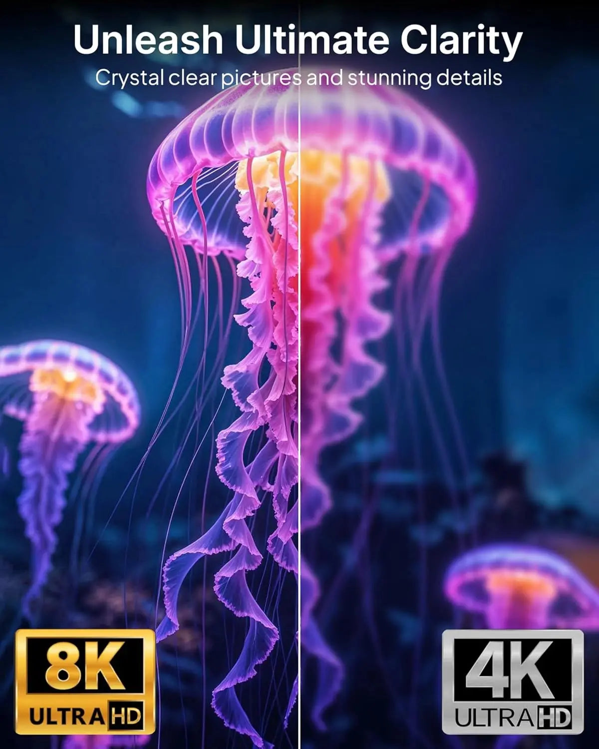8K Ultra HD vs 4K Ultra HD display comparison showing crystal clear jellyfish visuals for high-resolution clarity demonstration.