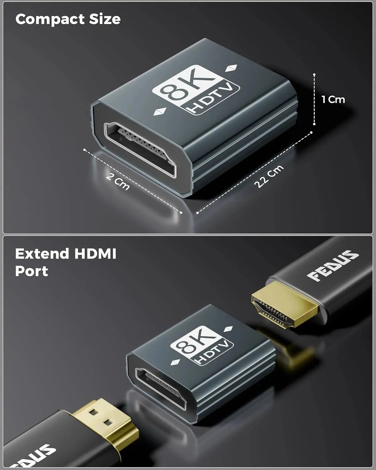 HDMI adapter with dimensions and ASUS branding on a dark background