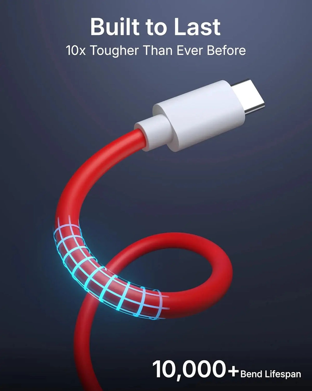 Red cable with white connector on a dark background, emphasizing durability.