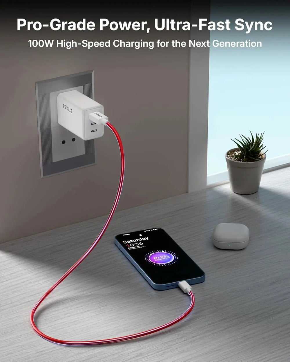 Phone charging with a cable connected to a wall outlet, with text about pro-grade power and fast sync.