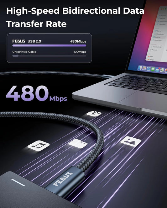 A black FEDUS braided USB 3.0 cable shown plugged into a laptop on a dark desk, with promotional text highlighting 480 Mbps bidirectional data transfer speed.