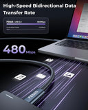 A black FEDUS braided USB 3.0 cable shown plugged into a laptop on a dark desk, with promotional text highlighting 480 Mbps bidirectional data transfer speed.