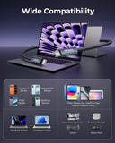 A promotional graphic for a flexible USB-C to USB-C adapter showing it connected to a laptop, tablet, and phone, with the headline 'Wide Compatibility' and a compatibility grid listing supported devices below.
