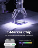 A promotional graphic for an E-Marker chip, showing a small rectangular chip under a clear robotic gripper with a bright illuminated workspace. Text reads 'E-Marker Chip' and 'The Brains Behind 100W Power & Precision.