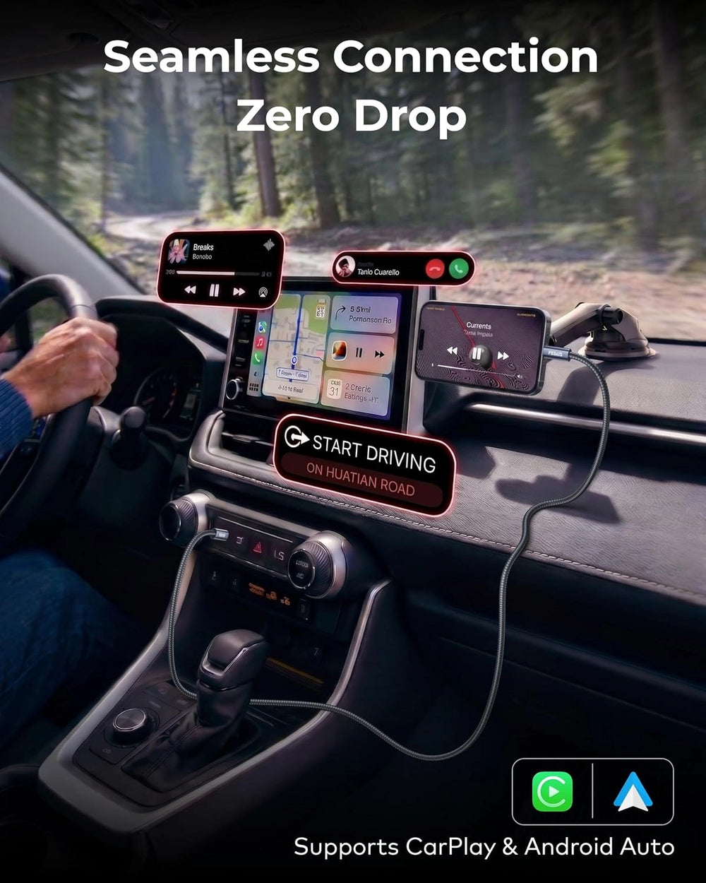 A car interior dashboard scene showing a smartphone connected to a GPS navigation system with overlaid text reading 'Seamless Connection Zero Drop' and 'Supports CarPlay & Android Auto.' The image appears to advertise a phone mount or connection accessory rather than the phone itself, and it is shown in a real environment, so subject_type is Lifestyle rather than Product/Packaging.