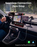 A car interior dashboard scene showing a smartphone connected to a GPS navigation system with overlaid text reading 'Seamless Connection Zero Drop' and 'Supports CarPlay & Android Auto.' The image appears to advertise a phone mount or connection accessory rather than the phone itself, and it is shown in a real environment, so subject_type is Lifestyle rather than Product/Packaging.